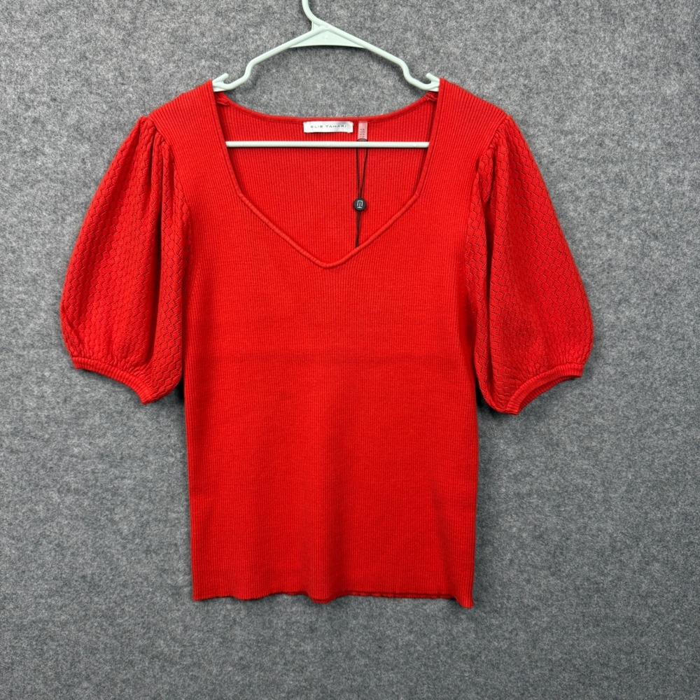 Elie Tahari Womens Show Stopper Red Ribbed Puff Sleeve V-Neck Knit Top XL $175